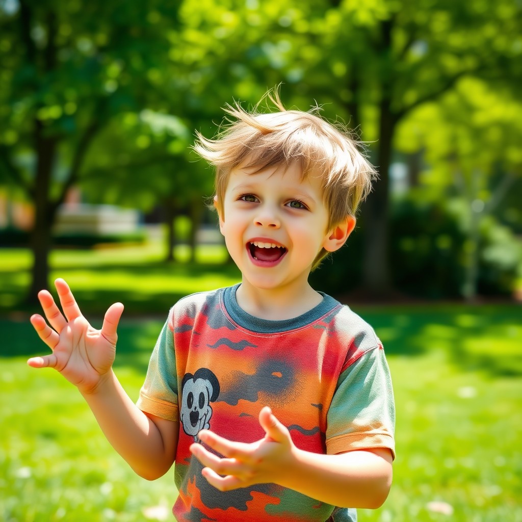 A young boy animatedly speaking with enthusiasm, his facial expressions full of joy and excitement