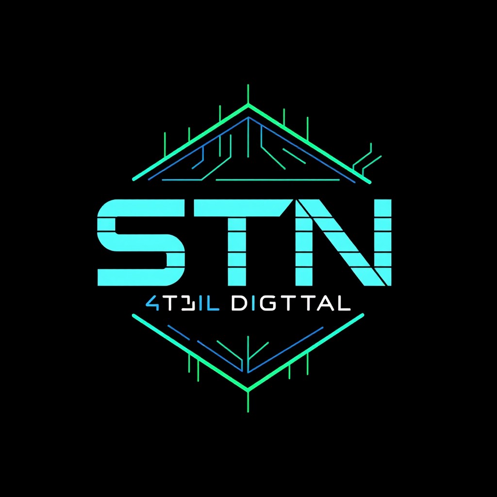 A logo design for 'STN DIGITAL SOLUTIONS', featuring a modern, techy aesthetic inspired by hacking themes