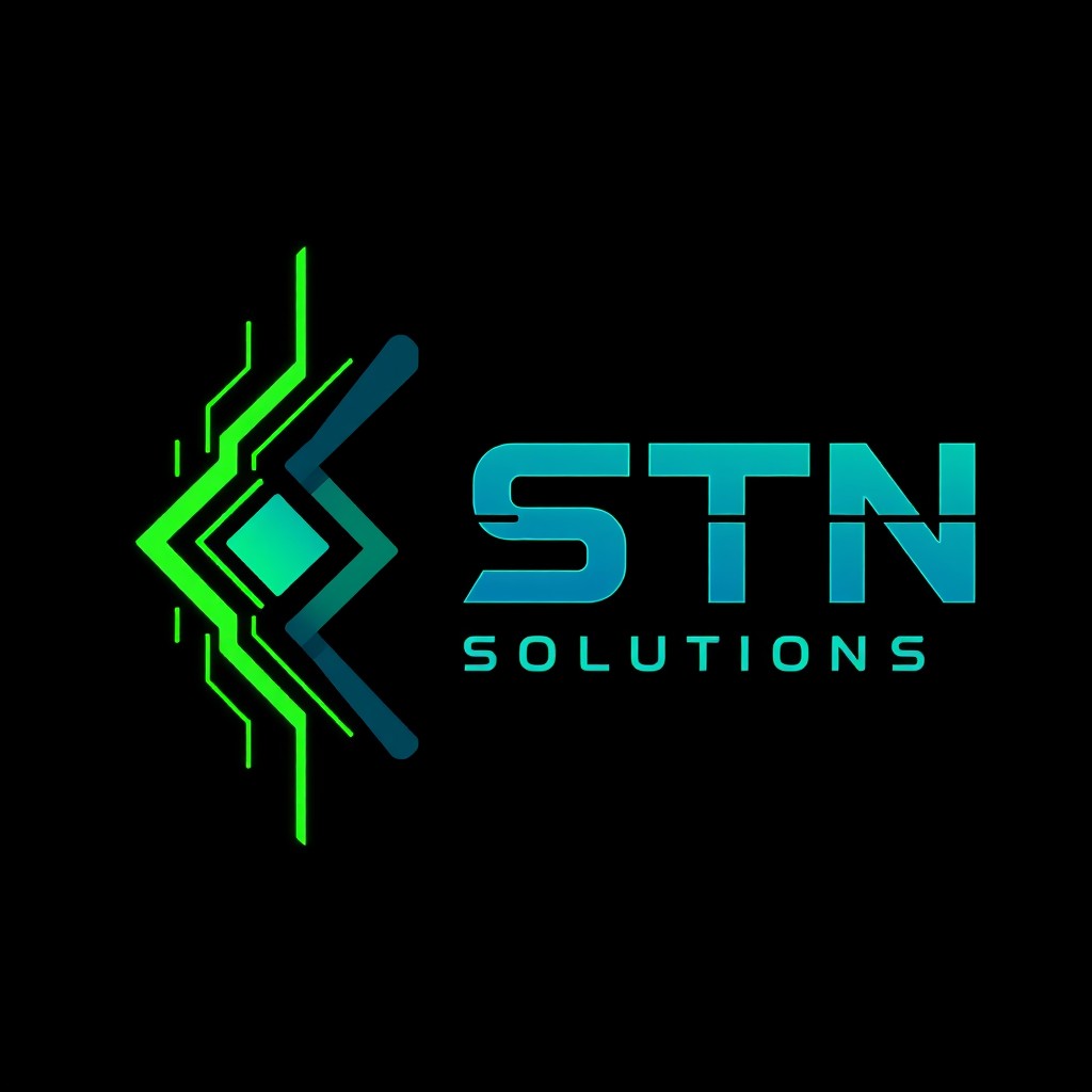 A logo design for 'STN DIGITAL SOLUTIONS', featuring a modern, tech-inspired aesthetic with a hacking theme