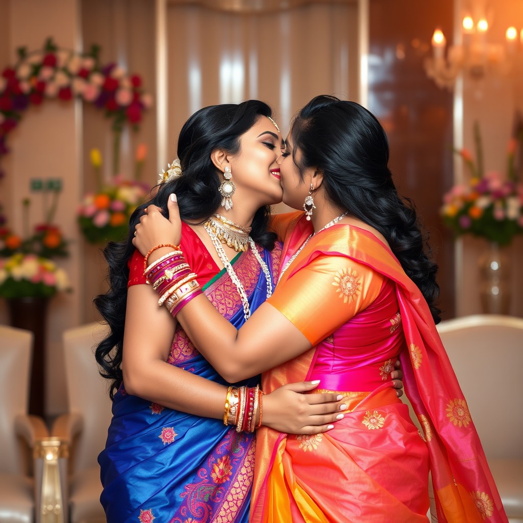 Two beautiful Indian women embracing in a passionate kiss, both adorned in vibrant, intricately designed sarees, with elegant jewelry reflecting traditional Indian culture