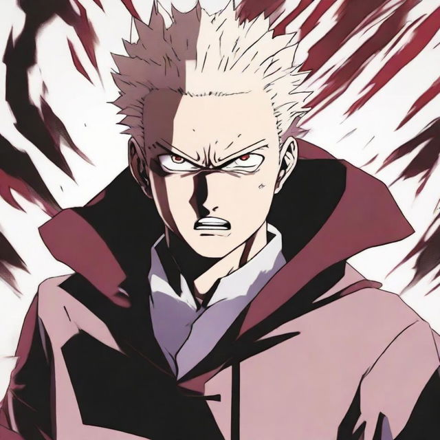 Gojo Satoru from Jujutsu Kaisen in his most fierce and formidable appearance. He is demonstrating his immense power with an intense and combative expression.