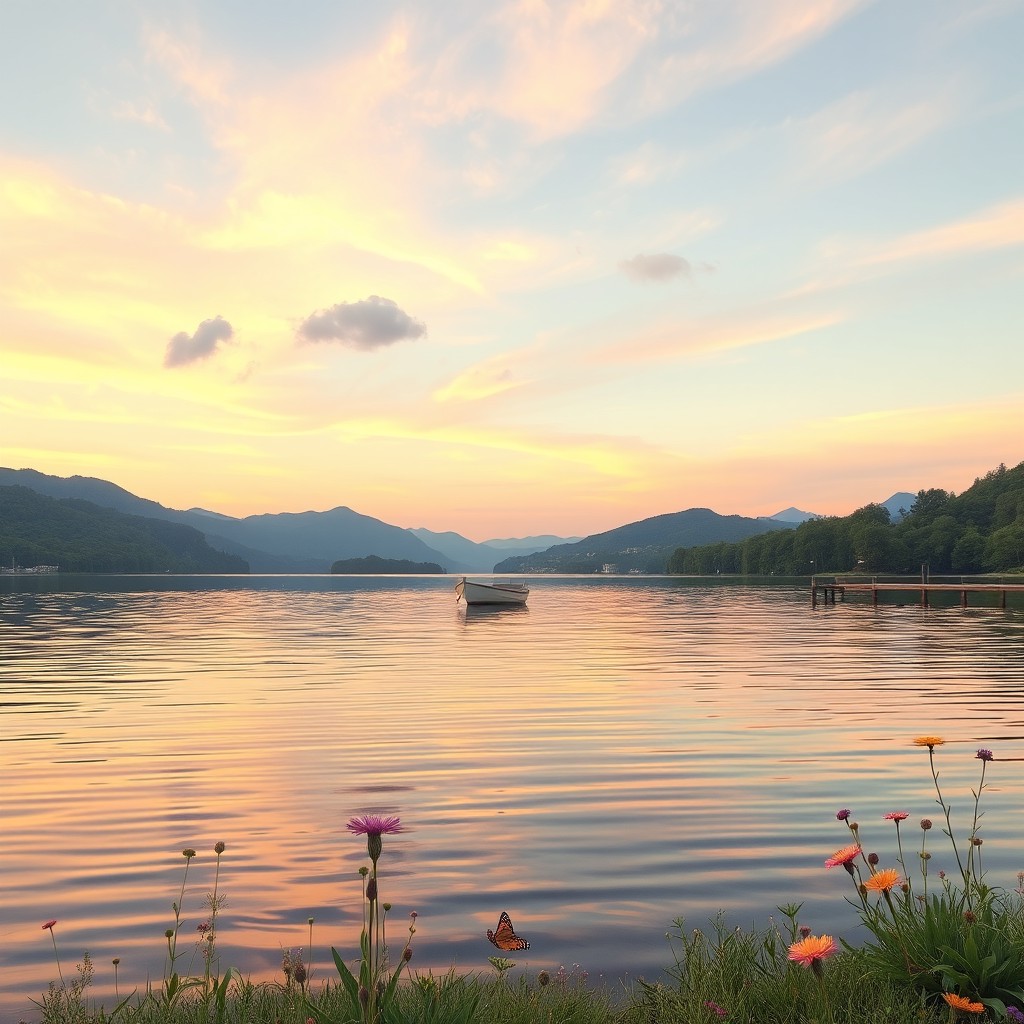 A serene landscape featuring a tranquil lake surrounded by gentle hills and lush greenery