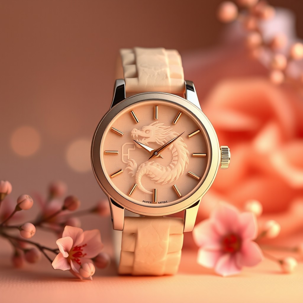 A beautiful dragon stone watch featuring a luxurious design, prominently displayed against a warm, inviting background