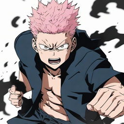 Gojo Satoru from Jujutsu Kaisen in his most fierce and formidable appearance. He is demonstrating his immense power with an intense and combative expression.