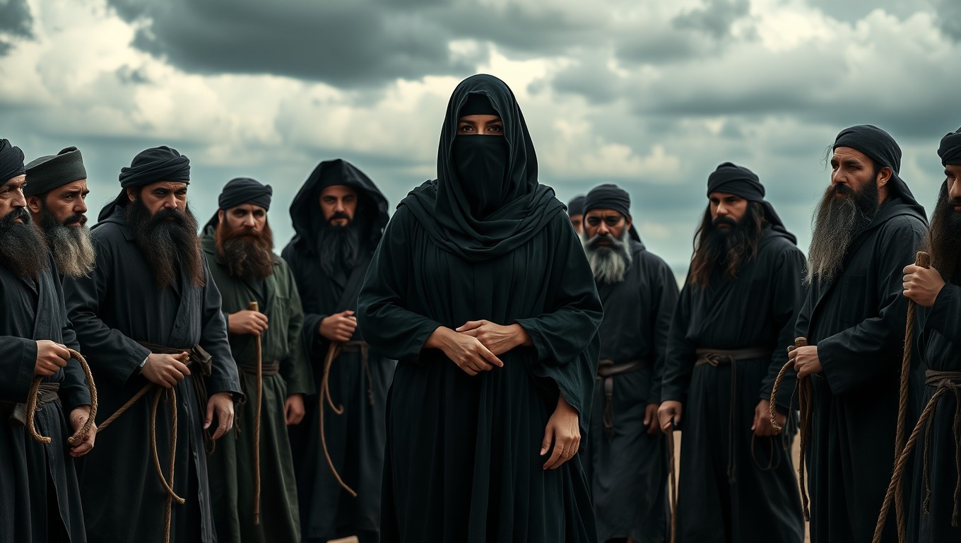 A dramatic scene depicting a woman in a black burka standing confidently at the center, surrounded by several bearded men