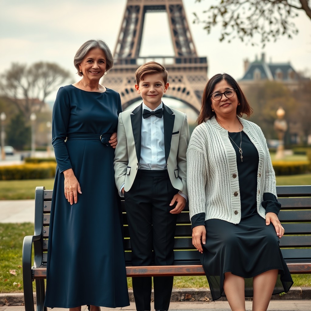A group portrait of a family on a luxurious park bench, captured in professional photography style with photorealism