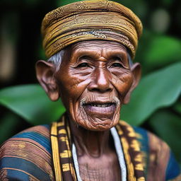 A detailed portrait of an Indonesian elder wearing a blangkon, displaying pride and wisdom.