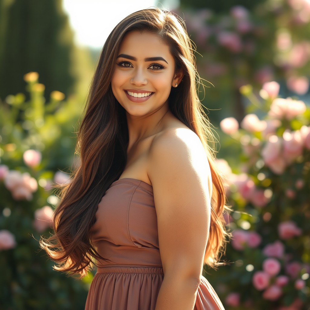 A beautiful, charming girl with a fuller figure, showcasing her confidence and allure