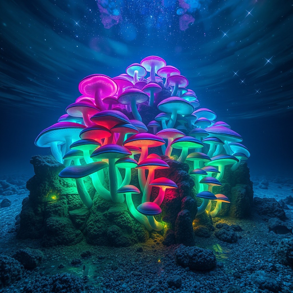 A mesmerizing underwater mountain made of vibrant, glowing mushrooms in a cosmic space environment