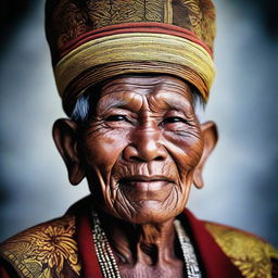 A detailed portrait of an Indonesian elder wearing a blangkon, displaying pride and wisdom.