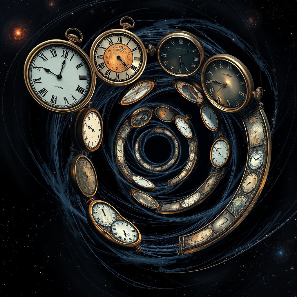 A captivating scene of spiraling clocks being drawn into a black hole