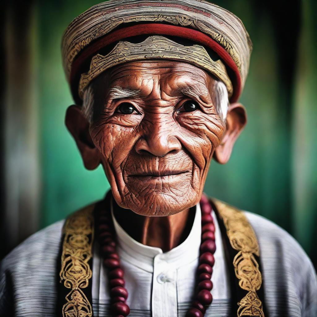 A detailed portrait of an Indonesian elder wearing a blangkon, displaying pride and wisdom.