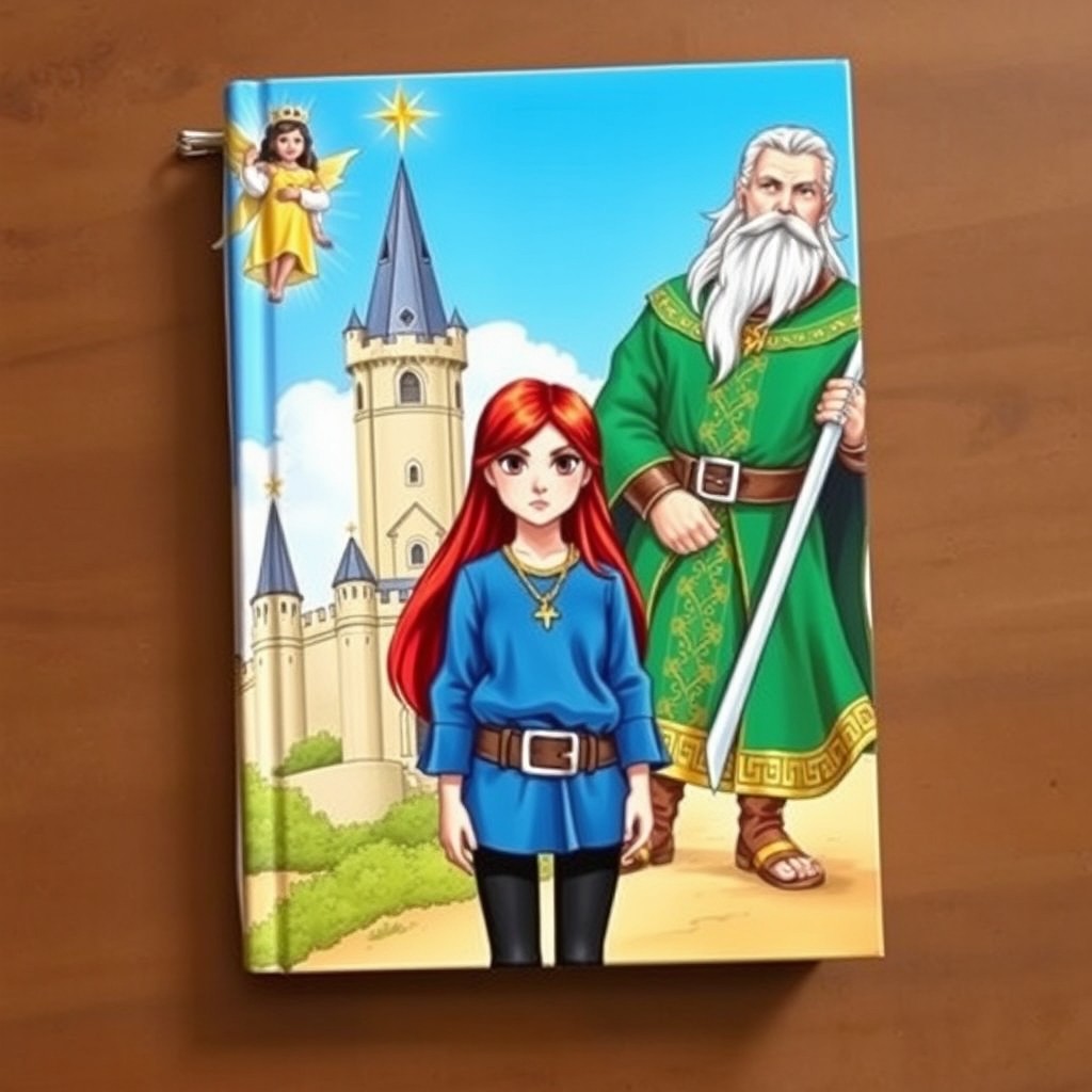 The main character is positioned centrally on the book cover, with long, smooth red hair and dark brown eyes