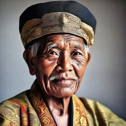 A strikingly detailed image of an elder Indonesian man donning a traditional Javanese blangkon, expressing an air of profound wisdom and pride.