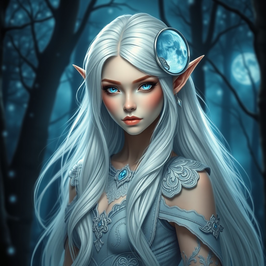An elegant elf with long flowing white hair, adorned with a beautiful moon-themed hair accessory