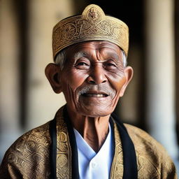 A strikingly detailed image of an elder Indonesian man donning a traditional Javanese blangkon, expressing an air of profound wisdom and pride.