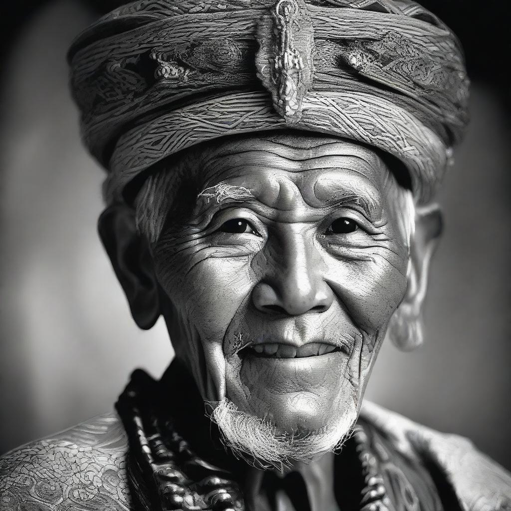 A strikingly detailed image of an elder Indonesian man donning a traditional Javanese blangkon, expressing an air of profound wisdom and pride.