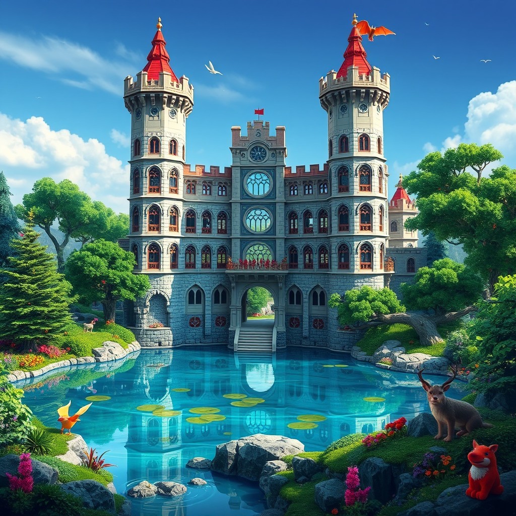 A majestic modular castle with tall towers and an open middle, surrounded by a serene moat