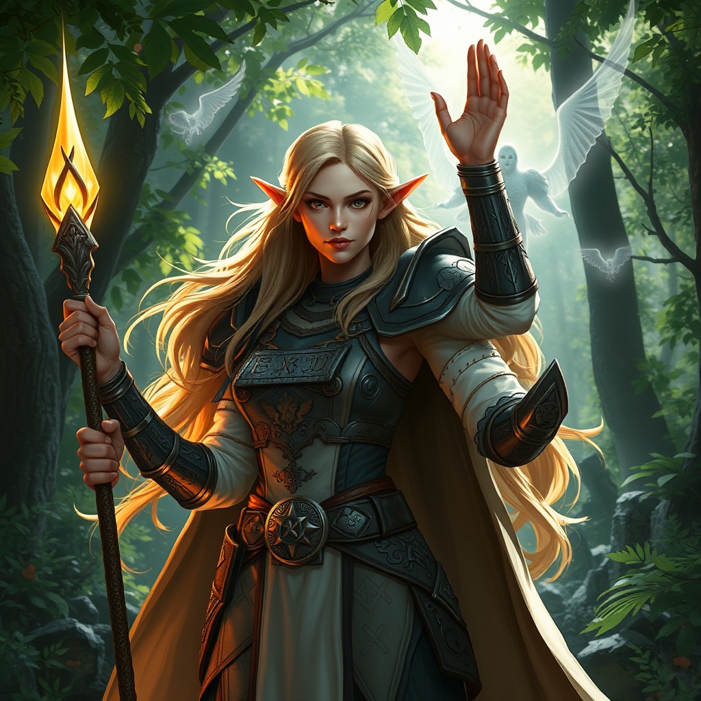 A fierce and determined half-elf cleric woman in a fantasy setting, wearing intricately designed light armor adorned with celestial motifs, and holding a glowing staff in one hand while the other is raised in a protective gesture