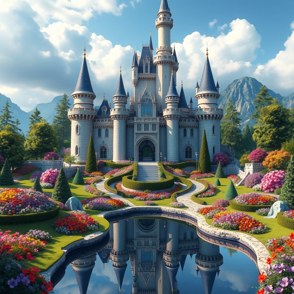 A realistic-looking castle set in a vibrant fantasy landscape, featuring large, majestic towers and stunning architecture