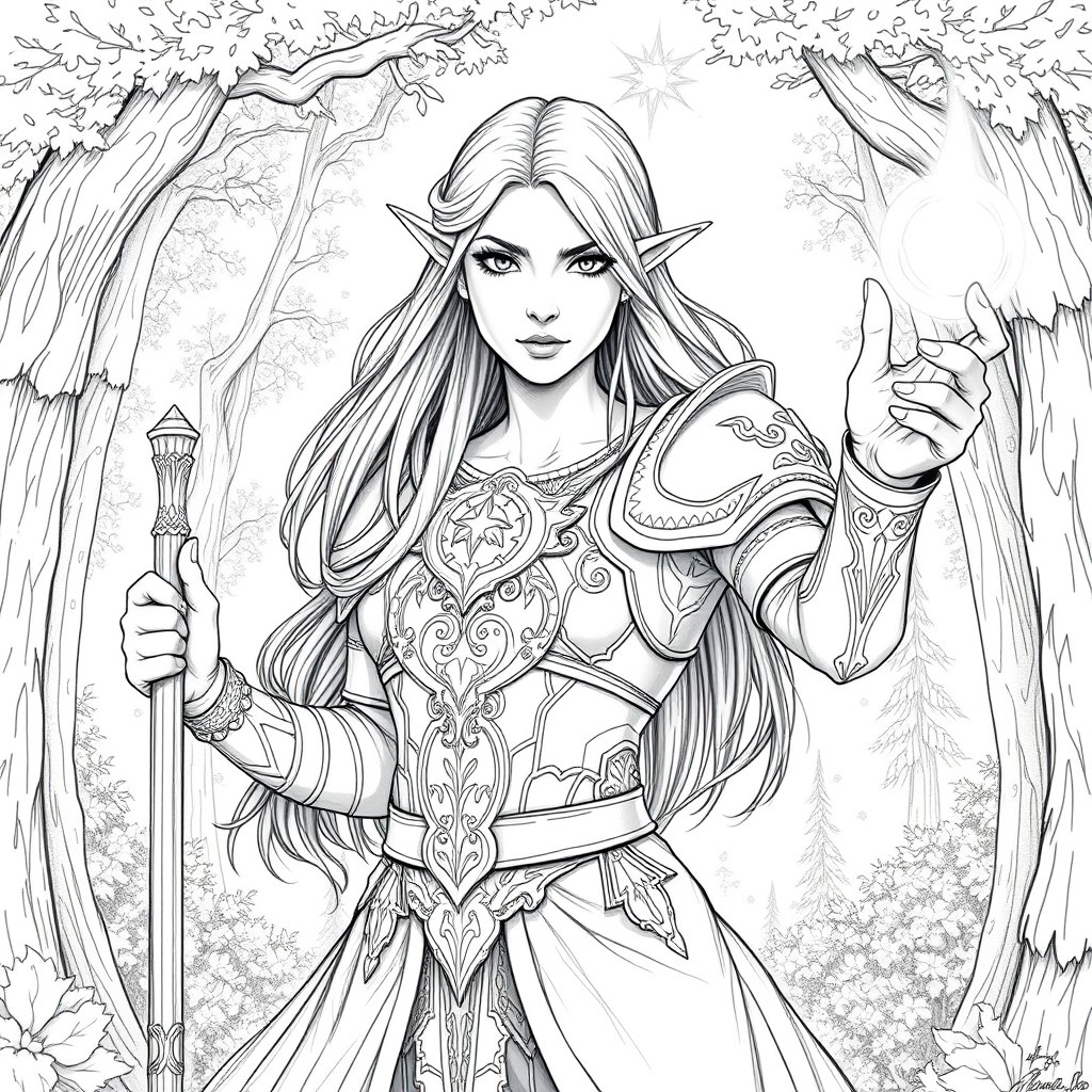 A beautifully rendered drawing of a fierce half-elf cleric woman in a fantasy setting