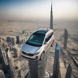 A Kia Carens automobile is dramatically perched on top of the world's tallest skyscraper, the Burj Khalifa, with a panoramic view of the vast city below in the background.