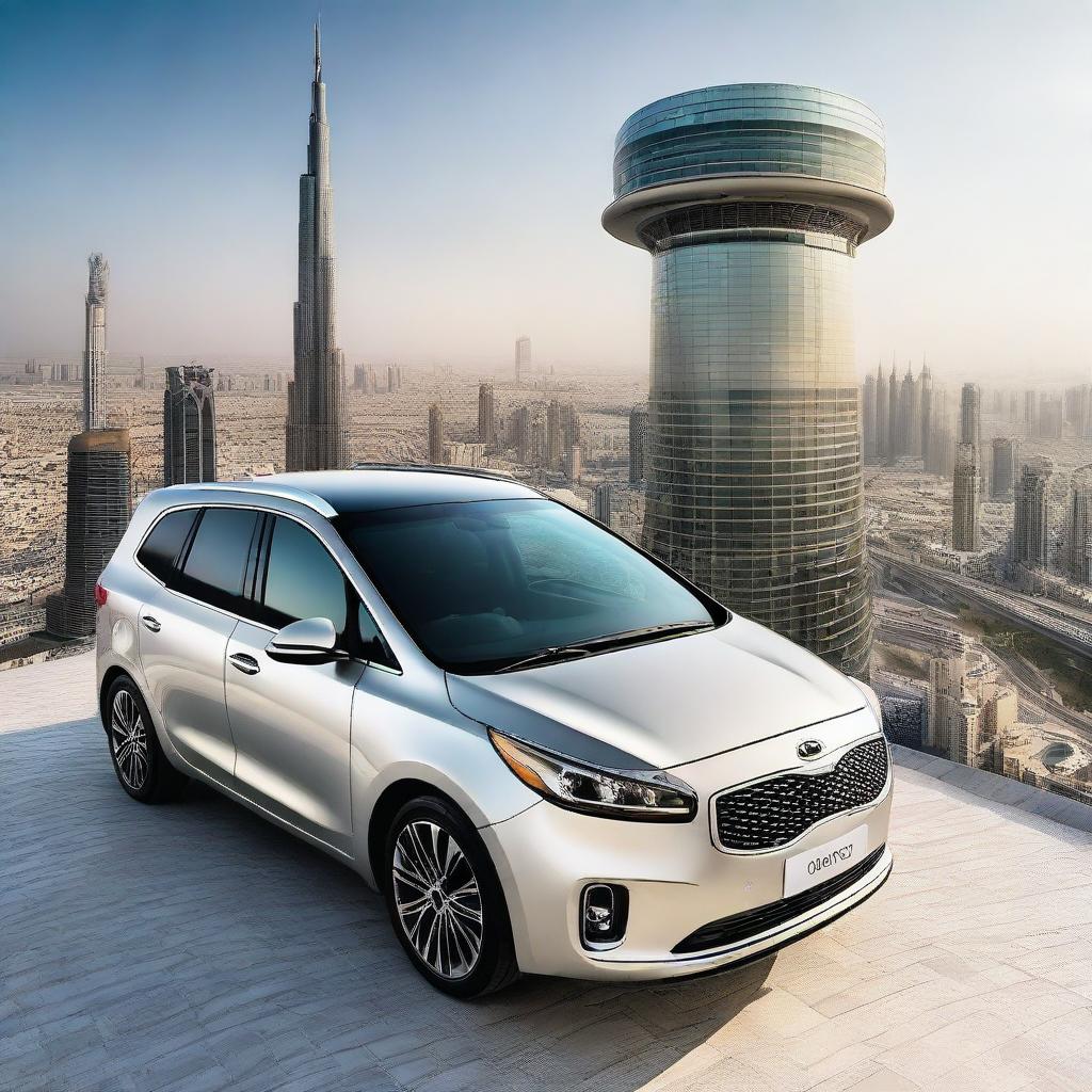 A Kia Carens automobile is dramatically perched on top of the world's tallest skyscraper, the Burj Khalifa, with a panoramic view of the vast city below in the background.