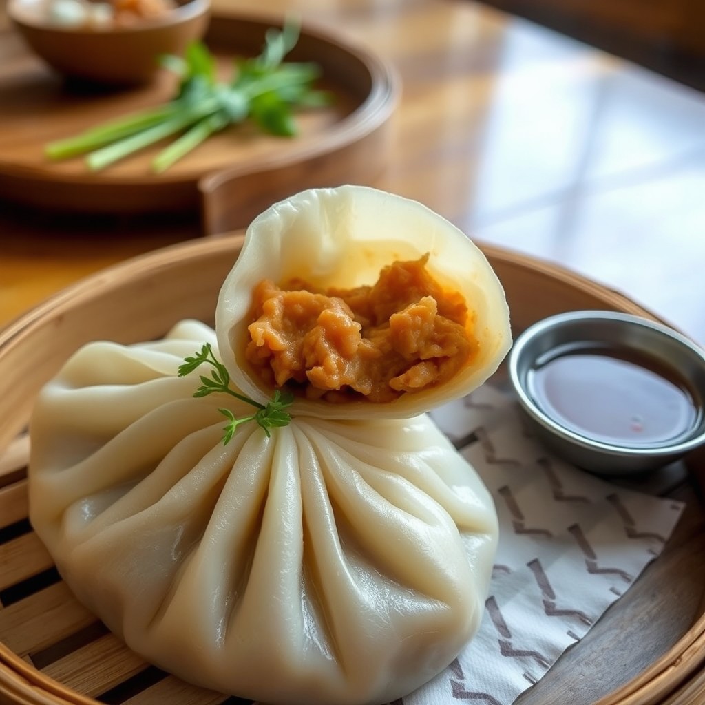 A delicious, freshly steamed dumpling, perfectly round and plump, with delicate, translucent skin revealing the savory filling inside