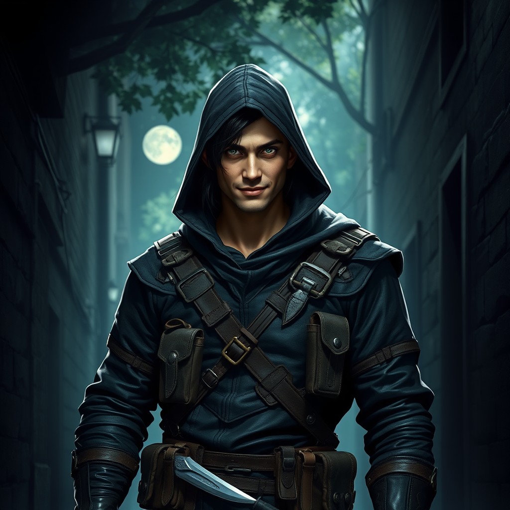 A male half-elf rogue standing confidently in a dimly lit alleyway