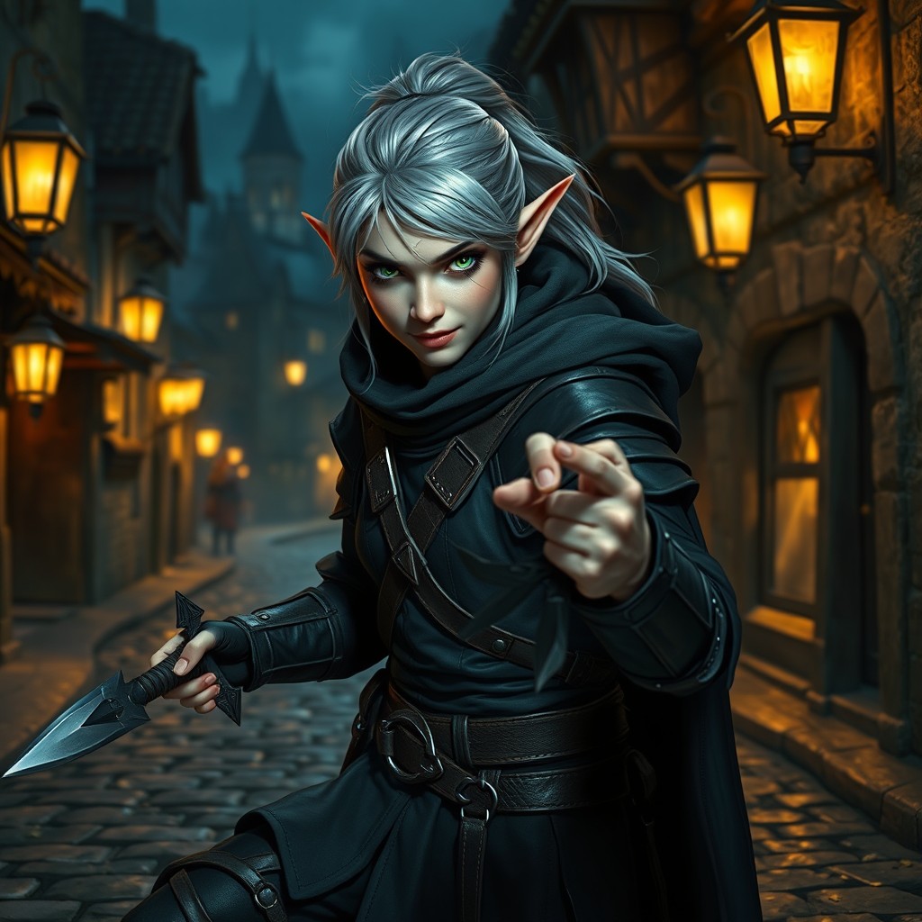 A striking Half Elf Rogue with sharp features and pointed ears, dressed in dark leather armor that blends into the shadows