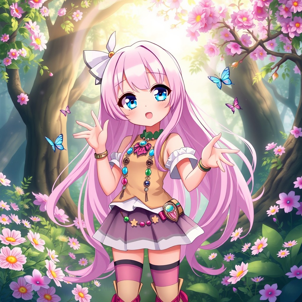 A vibrant anime girl with long flowing pastel pink hair, large expressive blue eyes, wearing a stylish and colorful outfit adorned with cute accessories