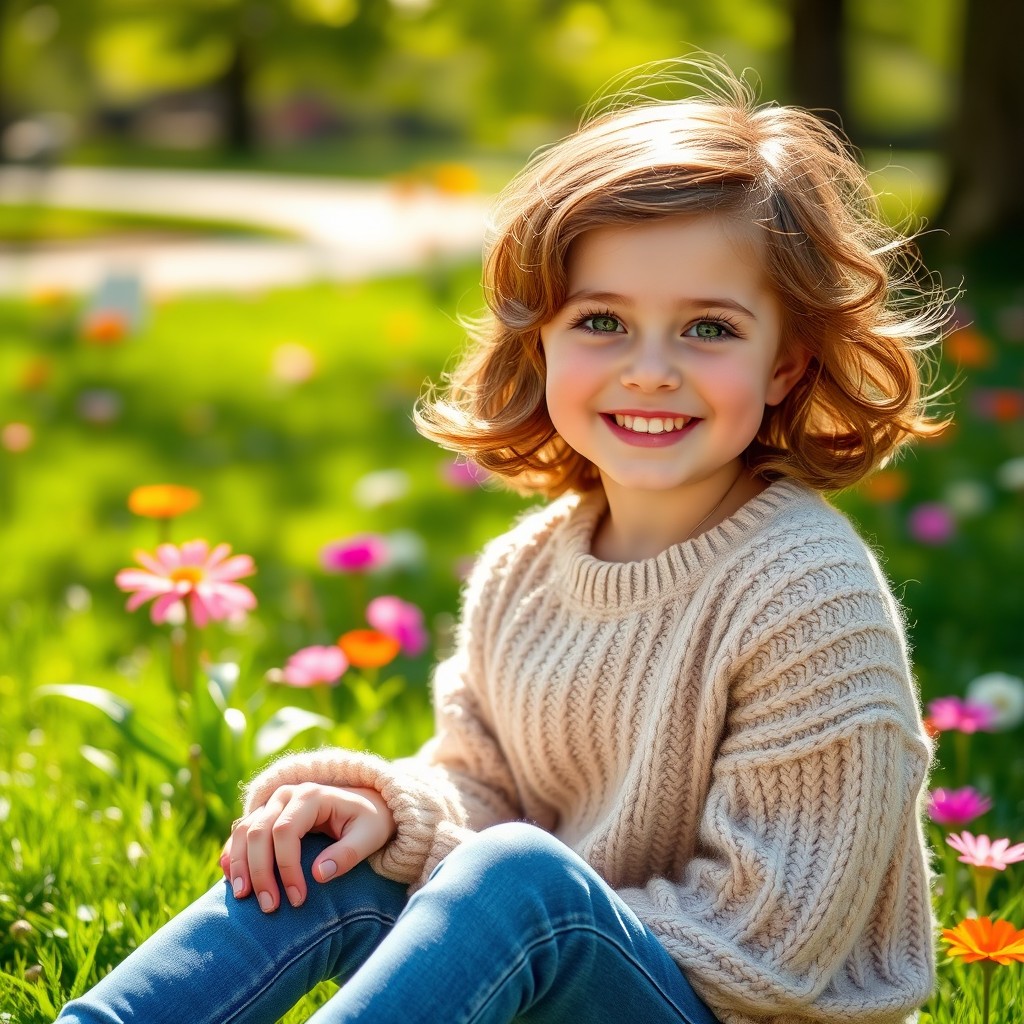 A cute girl with short, wavy brown hair and sparkling green eyes, wearing a cozy oversized sweater and jeans