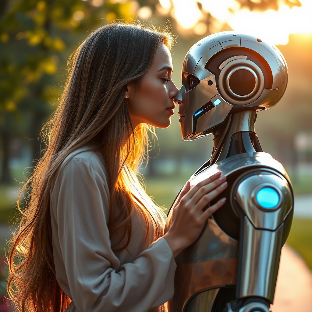 A beautiful young woman with flowing long hair, gently leaning towards a futuristic humanoid AI robot for a soft kiss