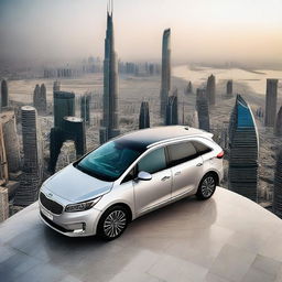 A Kia Carens automobile is dramatically perched on top of the world's tallest skyscraper, the Burj Khalifa, with a panoramic view of the vast city below in the background.