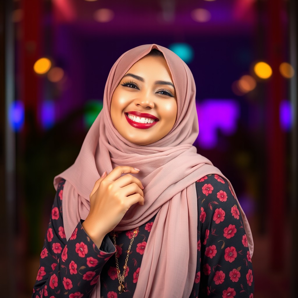 A captivating light-skinned Pakistani woman wearing a fashionable hijab, smiling confidently and playfully