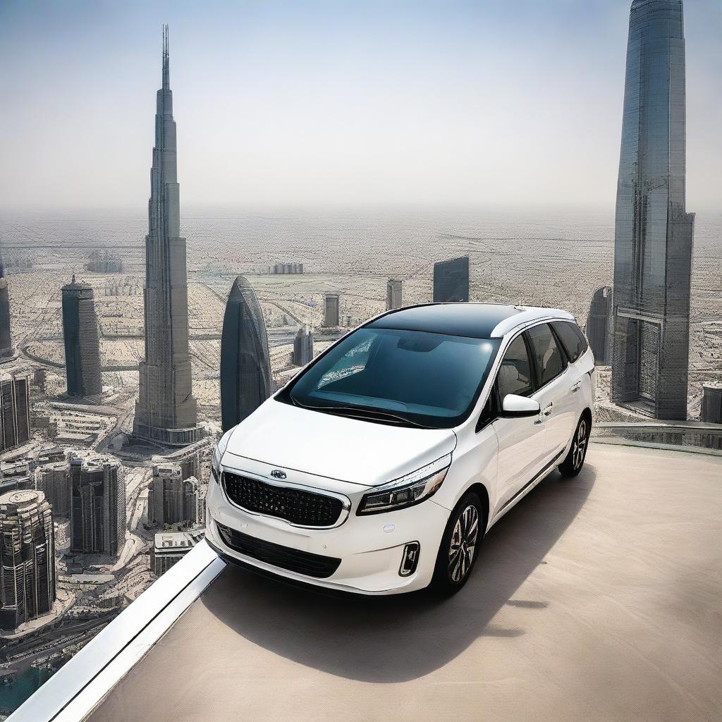 A Kia Carens automobile is dramatically perched on top of the world's tallest skyscraper, the Burj Khalifa, with a panoramic view of the vast city below in the background.