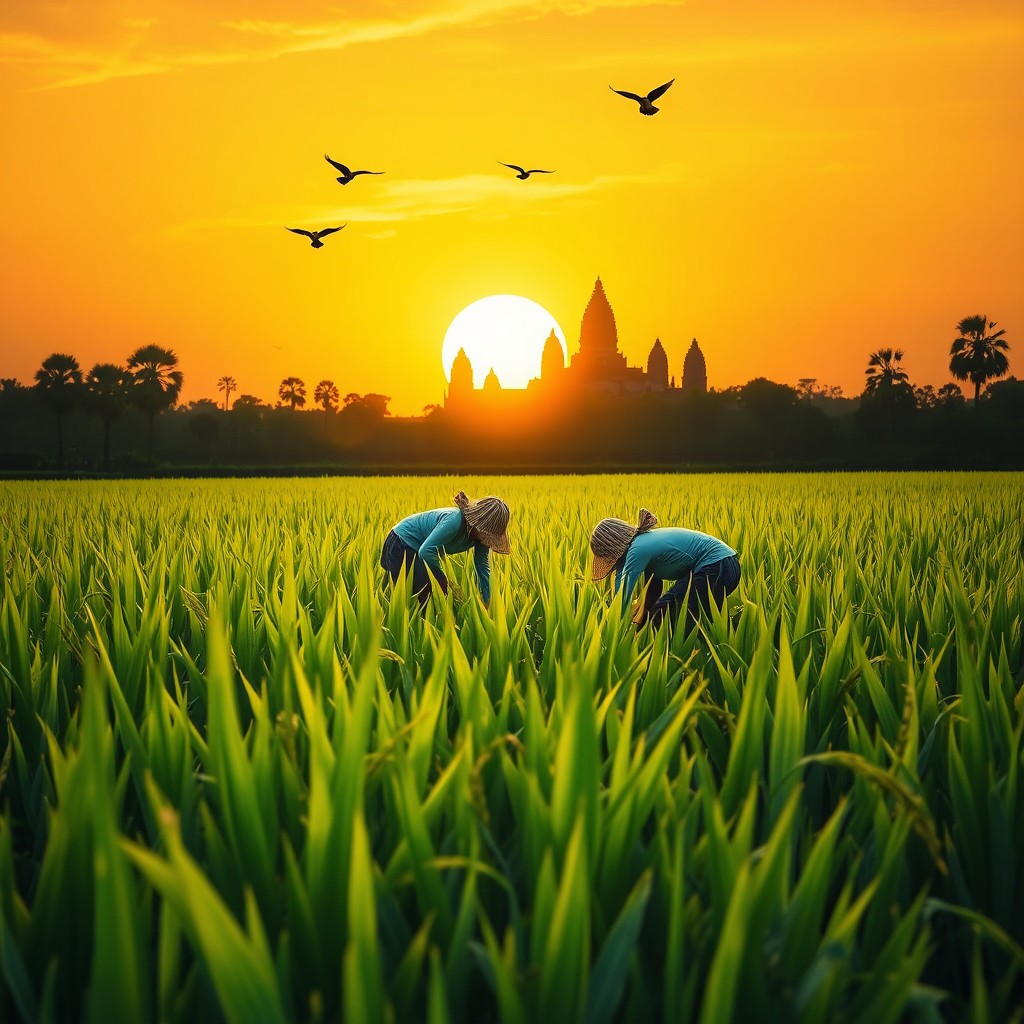 An abstract representation of a traditional Cambodian harvesting scene, featuring lush green rice fields under a golden sunset