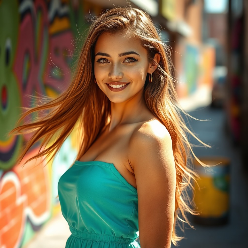 A stunning young woman with long flowing hair and captivating eyes, wearing a stylish summer dress that flatters her figure