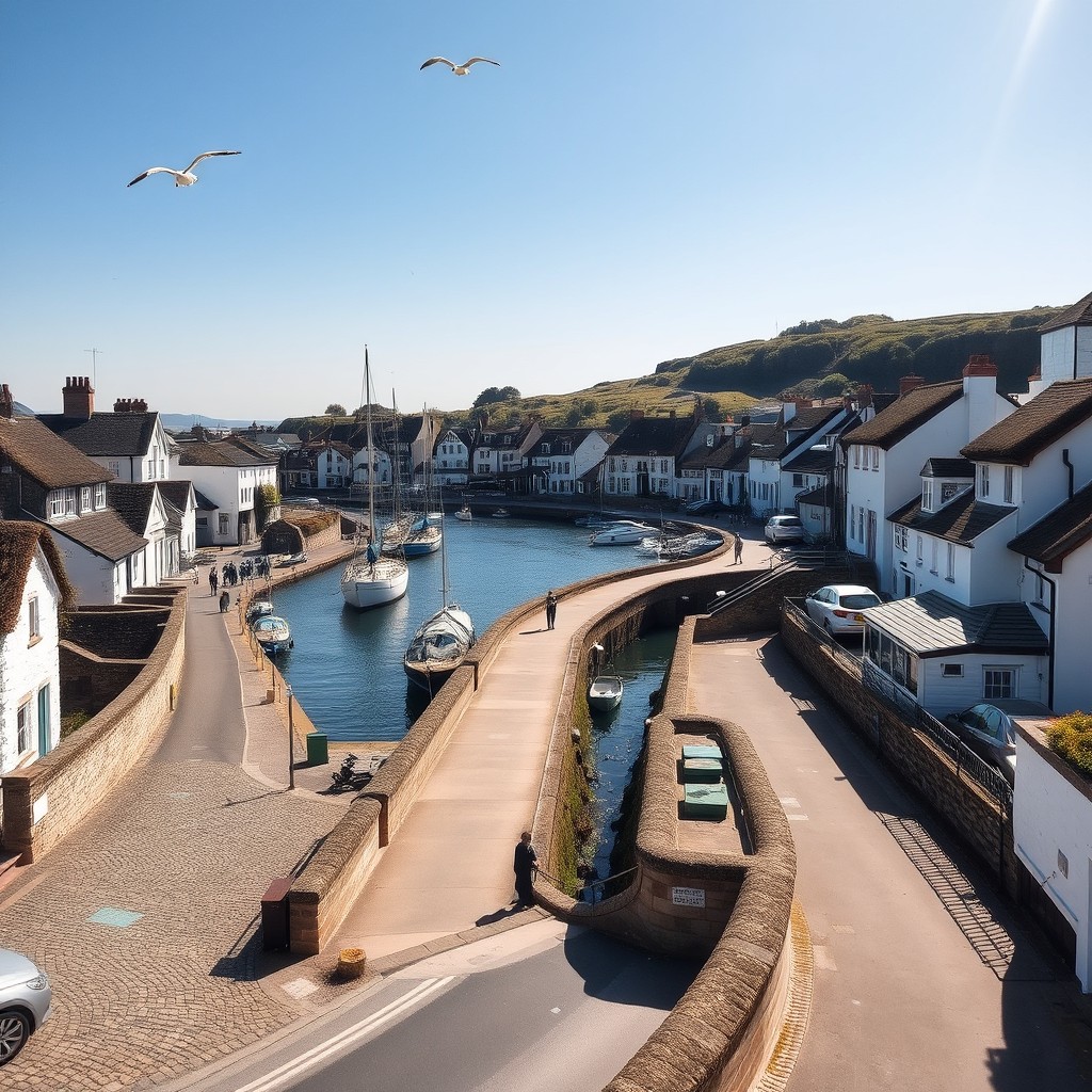 A picturesque, sleepy harbour town from the days of horse and cart, featuring rows of cobbled streets with crammed whitewashed stone houses topped with thatched roofs