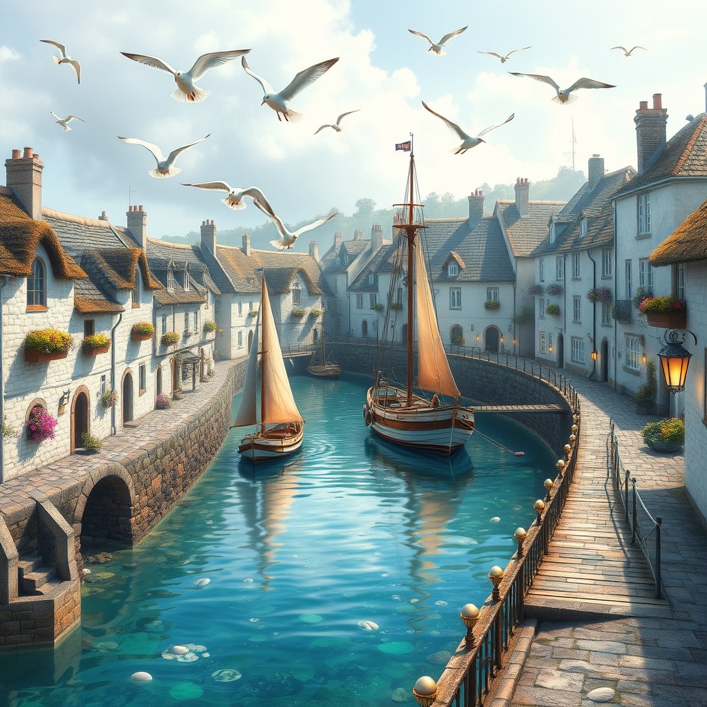 A whimsical, fantasy-inspired depiction of a sleepy harbour town from the days of horse and cart, where enchanting cobbled streets wind between rows of crammed whitewashed stone houses with thatched roofs, each one adorned with colorful flower boxes and shingles shimmering like jewels