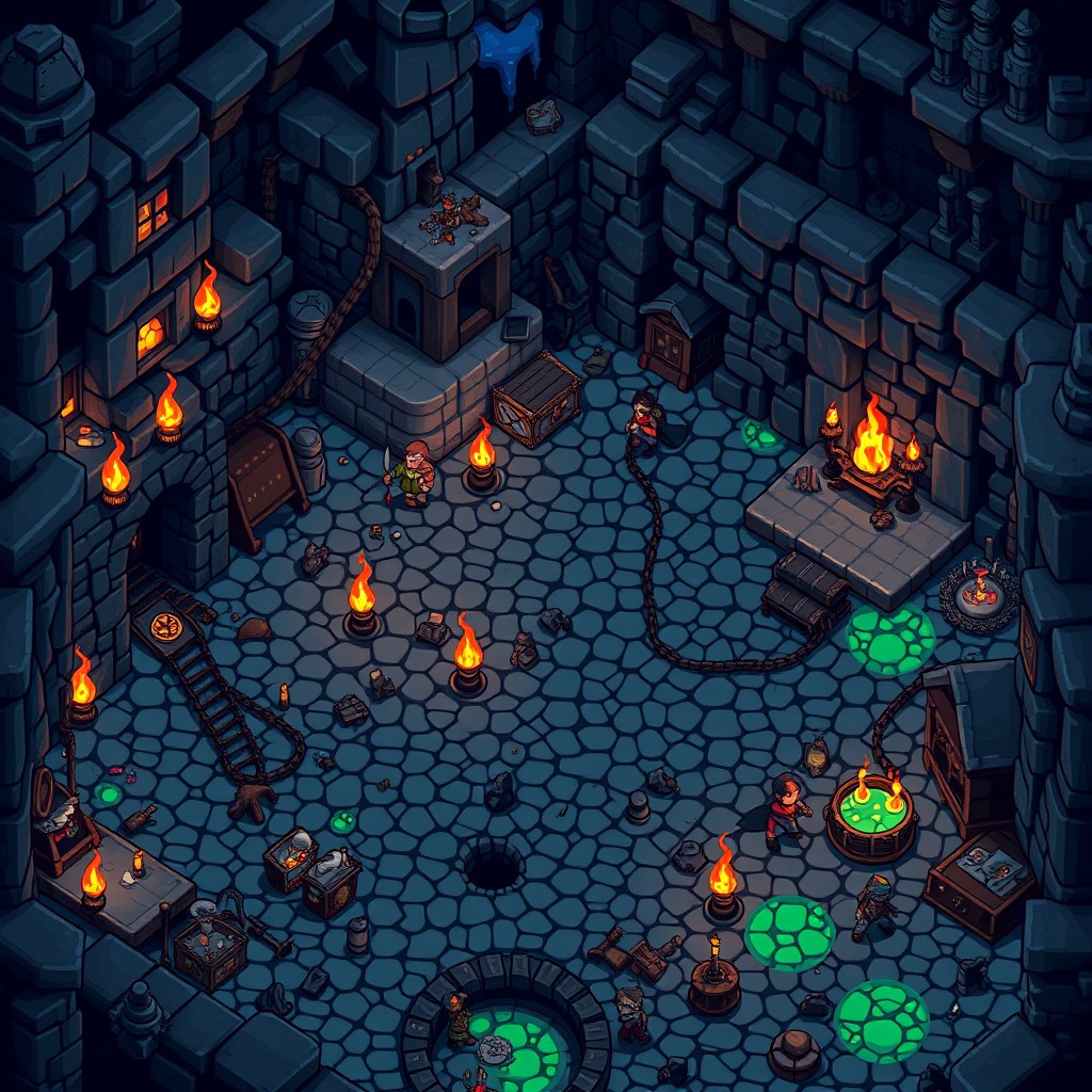 A detailed pixel art dungeon scene filled with various elements like stone walls, flickering torches, treasure chests, and ancient artifacts