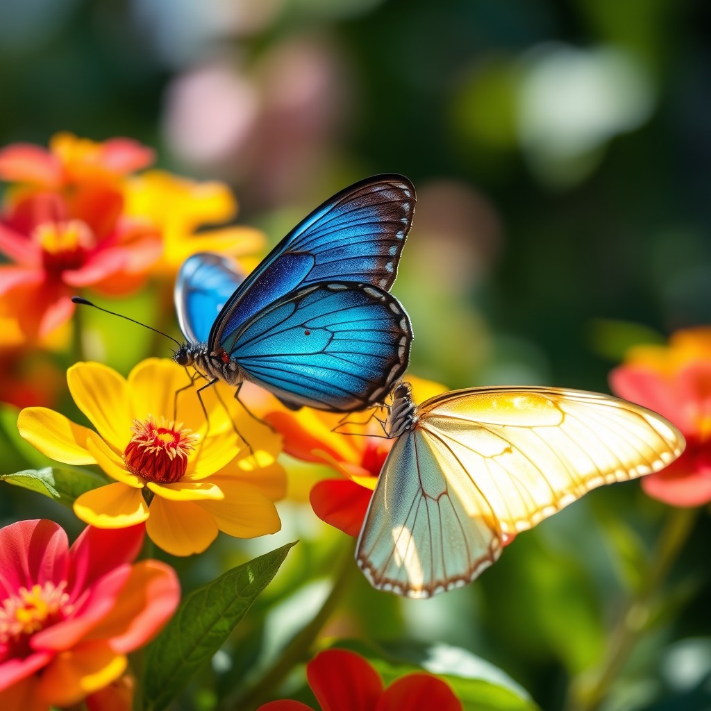A close-up shot of beautiful swallow-tailed butterflies perched delicately on vibrant flowers
