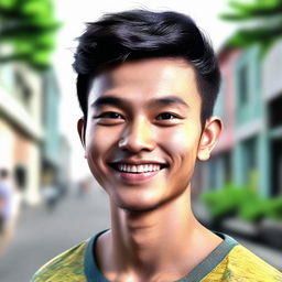 A 3D realistic portrait of a 24-year-old Indonesian youth, displaying vibrant youthfulness and spirited vitality.