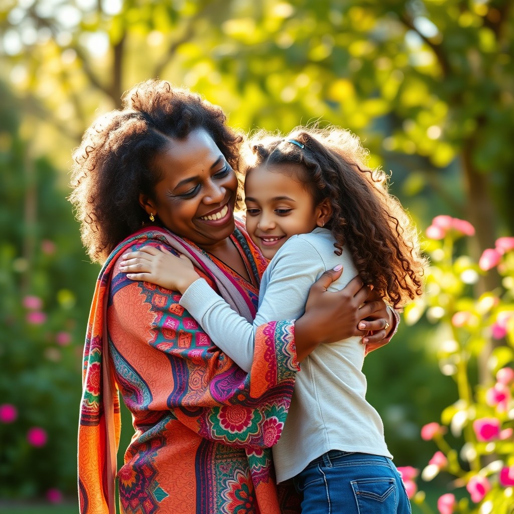 A warm and tender moment between a 45-year-old Sudanese woman and a 12-year-old Egyptian girl sharing a heartfelt hug