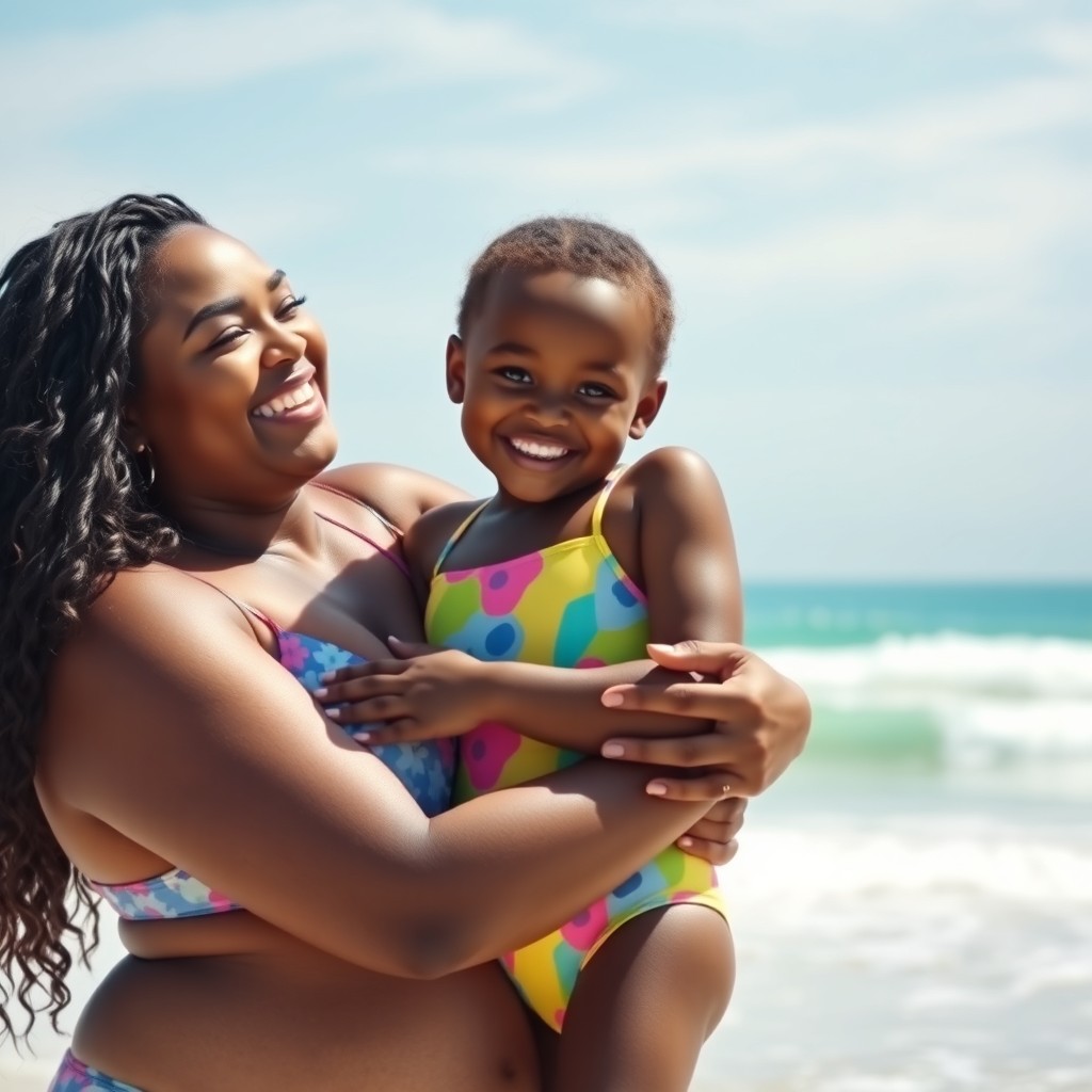 A beautiful scene depicting a chubby, pretty black woman with long hair hugging a white girl in a colorful swimming suit
