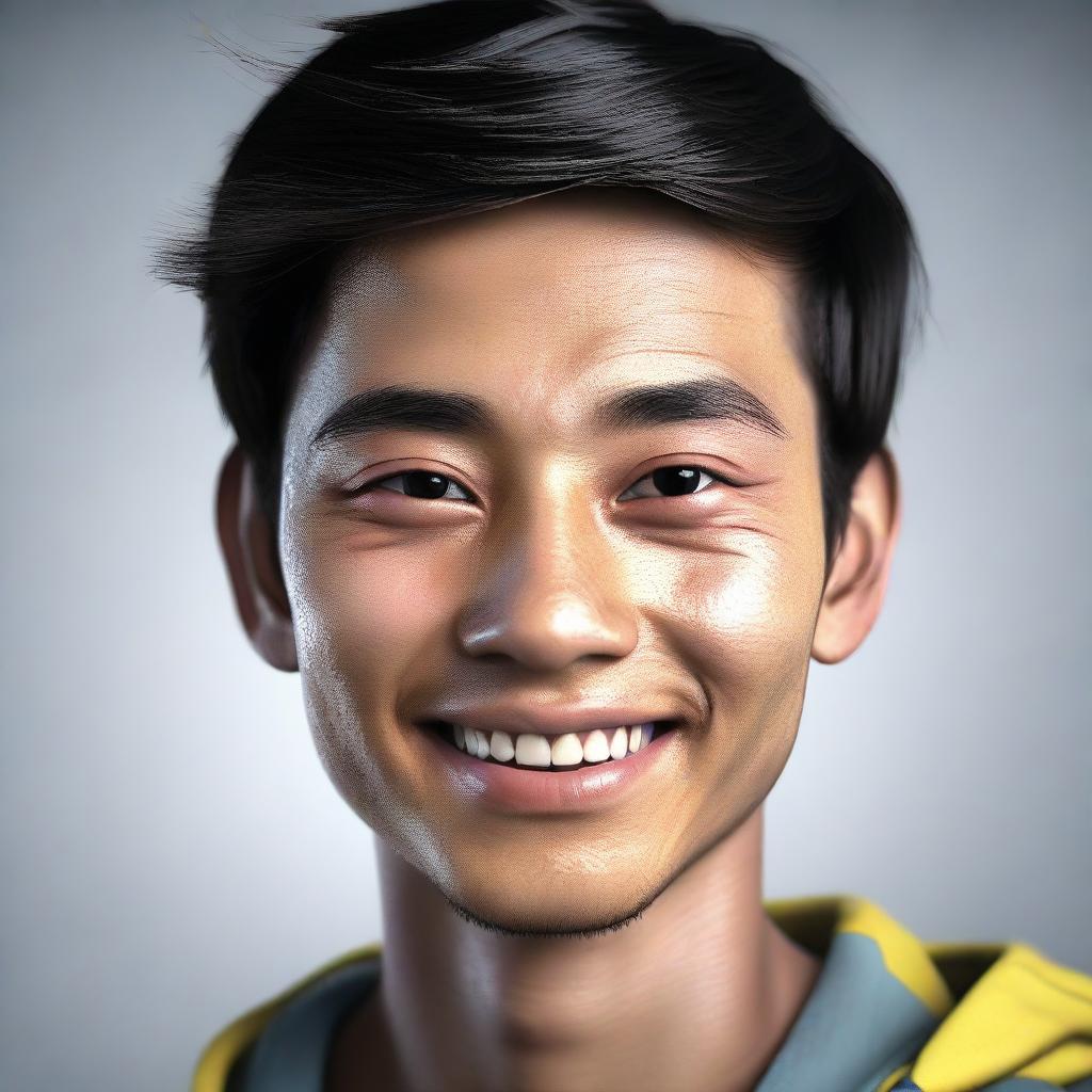 A 3D realistic portrait of a 24-year-old Indonesian youth, displaying vibrant youthfulness and spirited vitality.