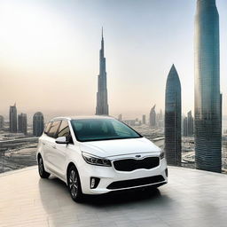 A Kia Carens car parked on the topmost floor of the Burj Khalifa, with a panoramic view of the Dubai cityscape in the background.