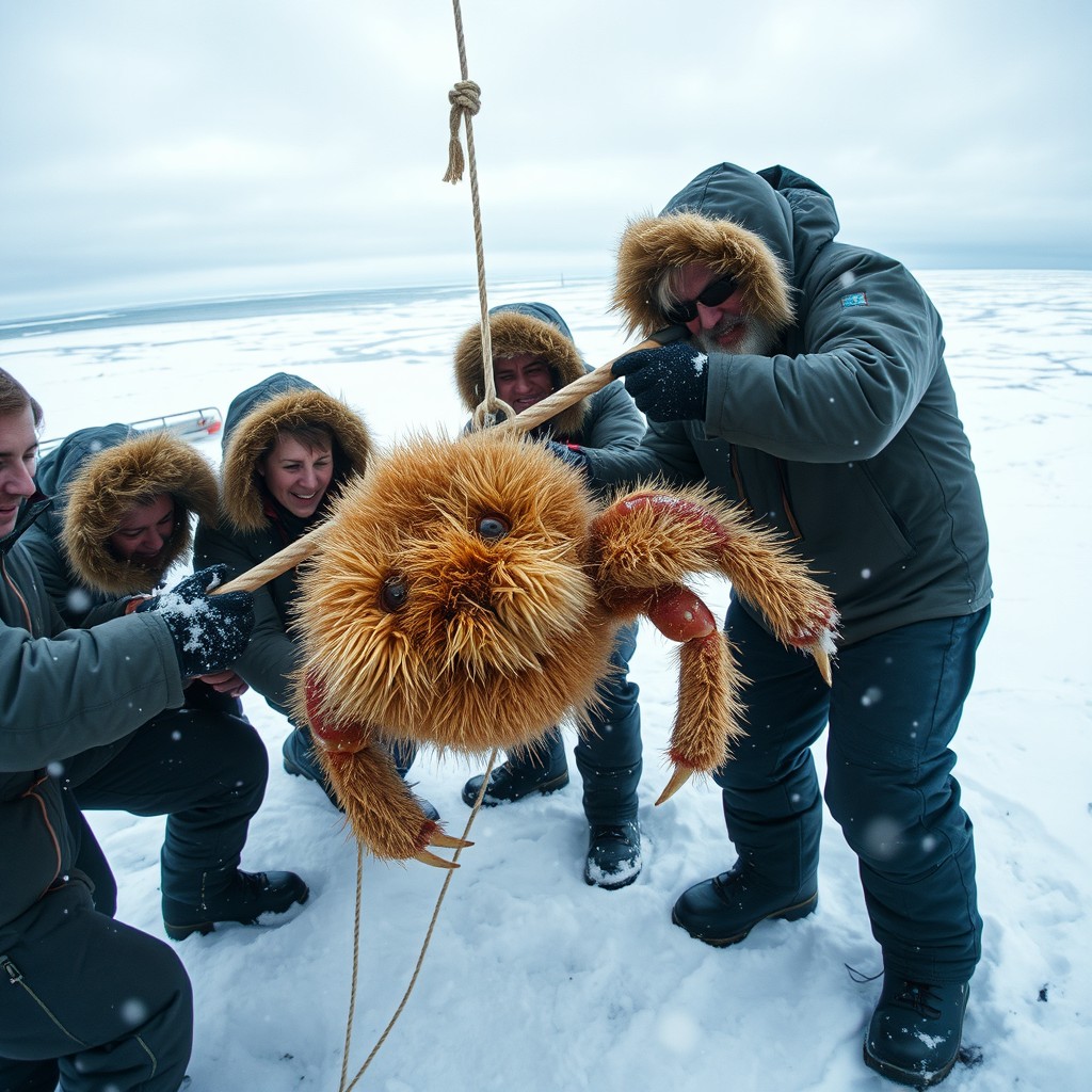 A group of dedicated polar researchers in a remote Arctic landscape, carefully attempting to capture a large, furry, crab-like creature using a long pole with an attached net and rope