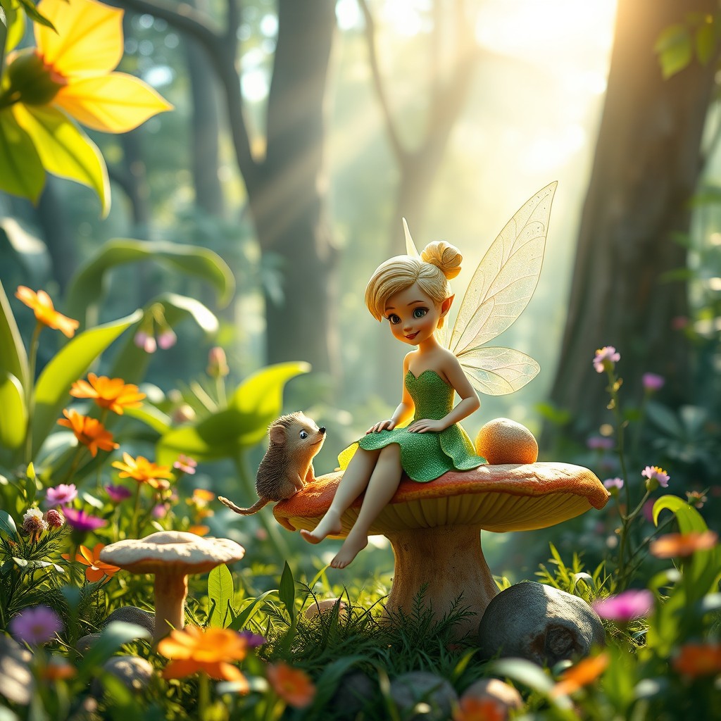 A magical forest scene featuring a forest fairy resembling Tinkerbell, with delicate wings and wearing a vibrant green dress, sitting on a large mushroom