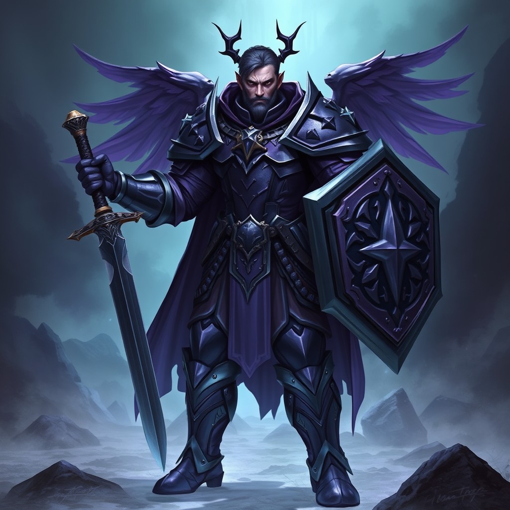 A male Fallen Aasimar anti-paladin clad in dark purple plate armor, exuding a commanding and menacing presence
